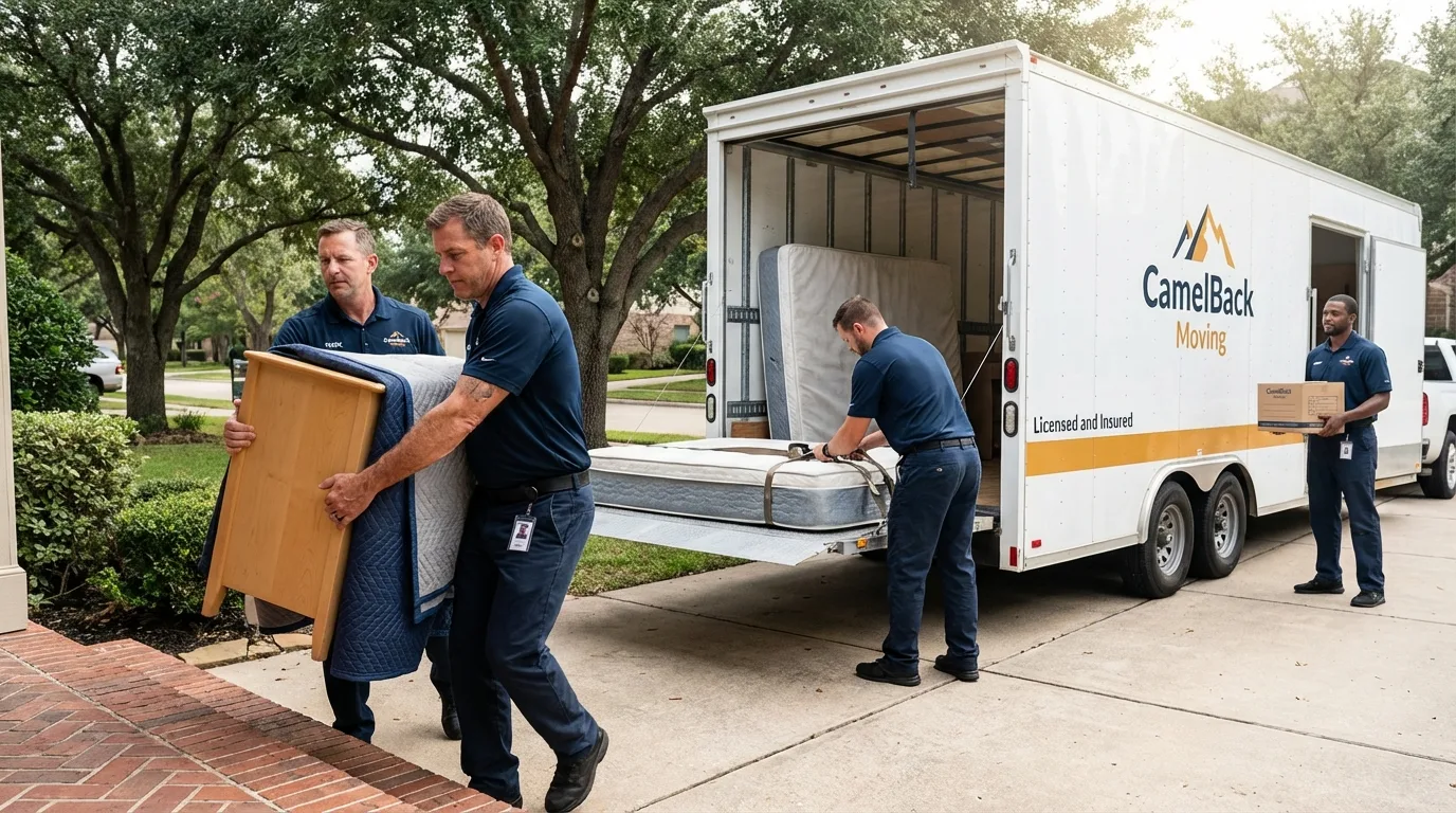 Crew loading residential truck for cross-state move from Littlefield, TX