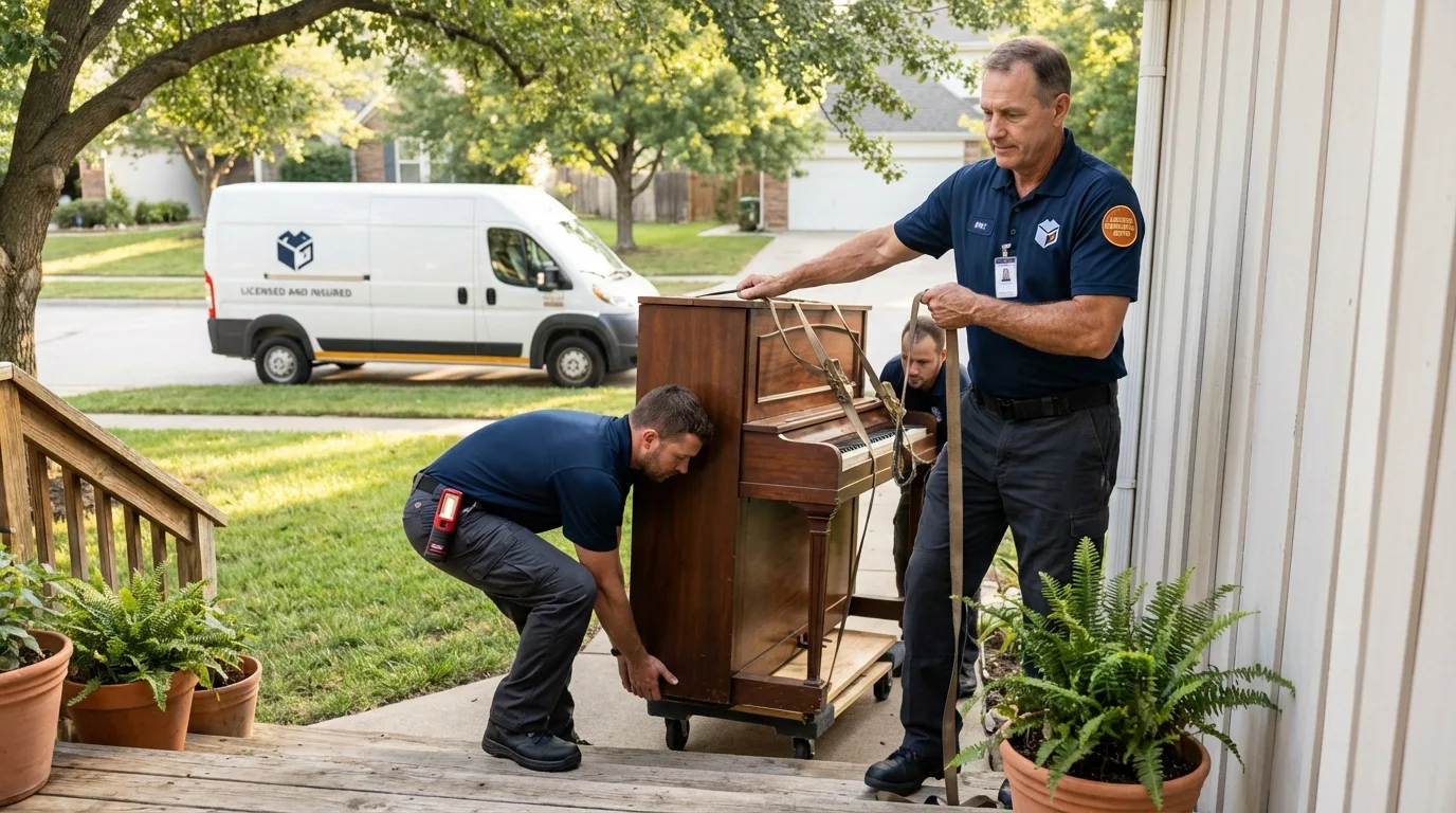 Licensed piano movers securing grand piano in Littlefield, TX