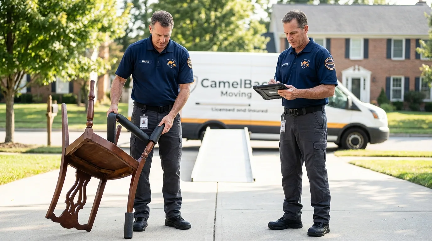 Movers inspecting furniture for damage prevention before loading in Littlefield, TX