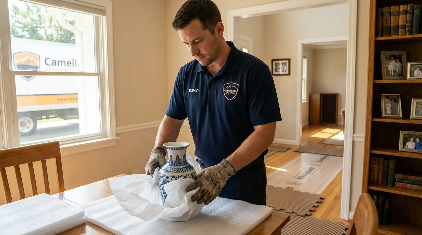 Professional crew carefully wrapping antique vase for senior downsizing move in Littlefield, TX