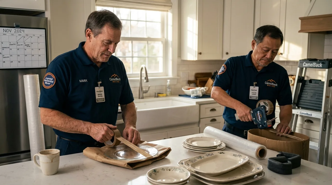 Professional crew packing kitchen dishware in Littlefield, TX